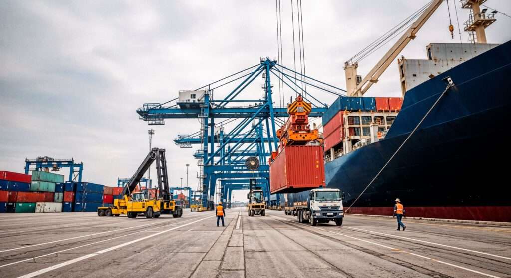 cargo ship loading commercial port